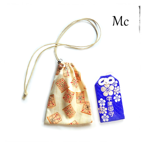 Mc＼将棋柄／巾着袋 ネックレス・ベージュ 和風 和柄／お守り袋 薬袋