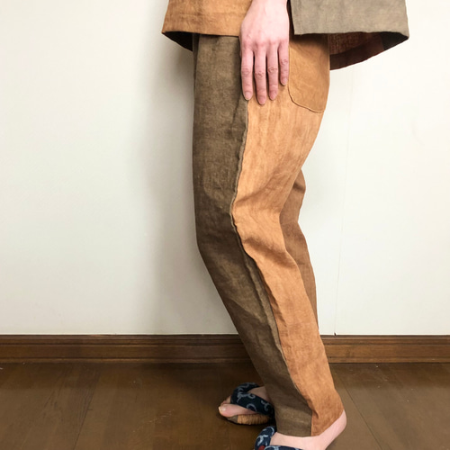 美品　リメイク柿渋染め　サルエルパンツ　墨アート 柿渋染め サルエルパンツ 古布 古布リメイク 風呂敷リメイク