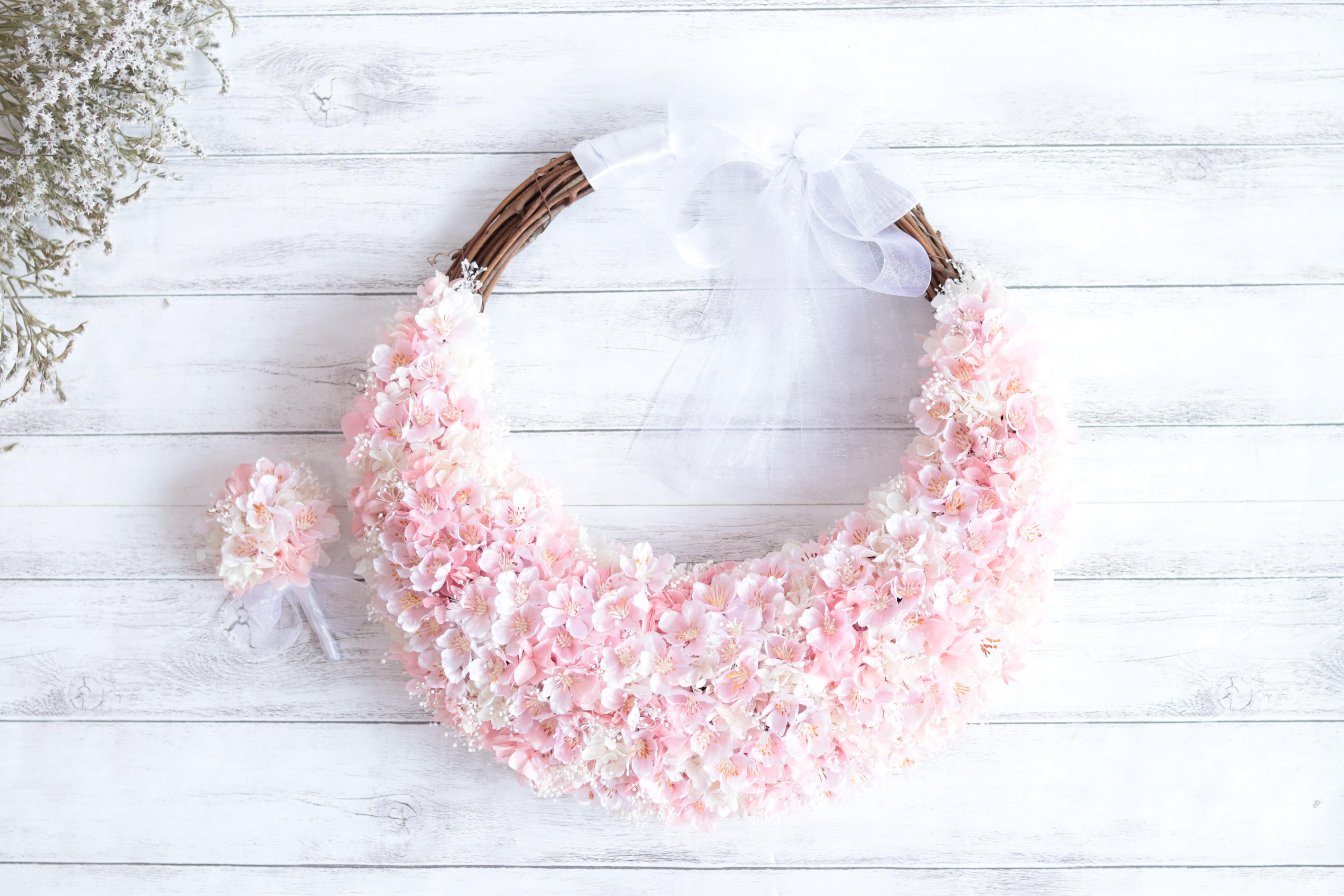 桜のリースブーケ＊お揃いブートニア・リストレット・ヘッドドレスオーダーＯＫ＊プリザーブド&アーティフィシャルフラワー