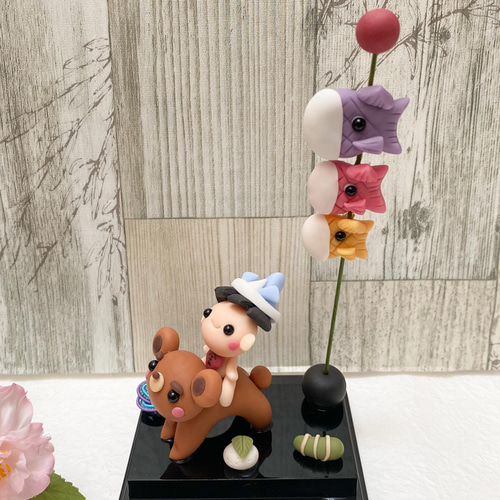 くまと仲良し金太郎 端午の節句 樹脂粘土 こいのぼり 五月人形 飾り