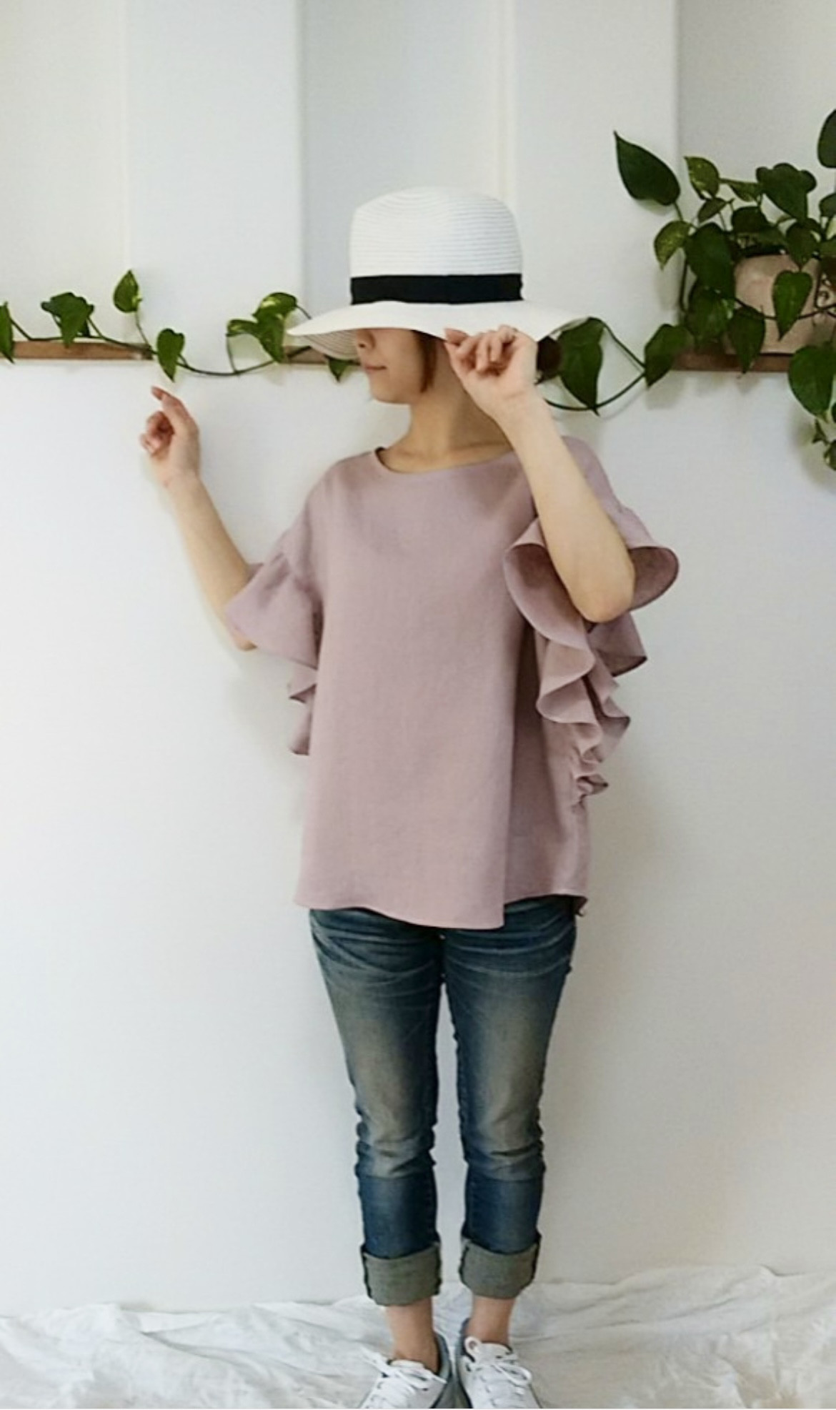 (再販15）リネン大人素敵なフリル袖ブラウスグレシュピンク