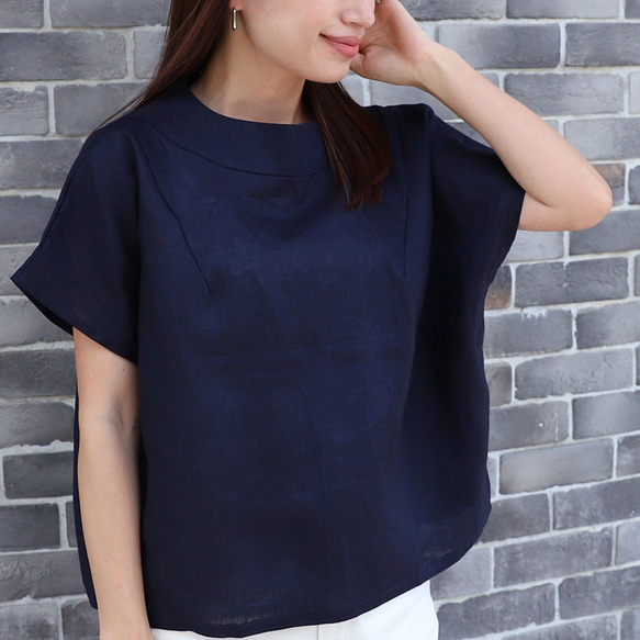 亞麻上衣優雅♪瓶頸上衣<Julia>海軍藍M尺寸 第1張的照片