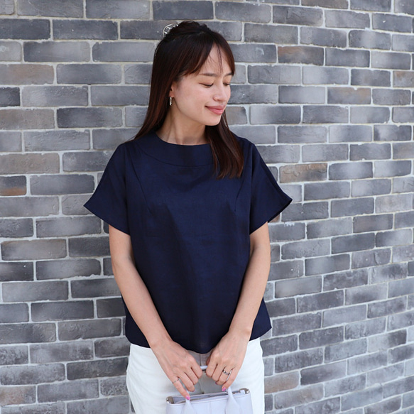 亞麻上衣優雅♪瓶頸上衣<Julia>海軍藍M尺寸 第4張的照片