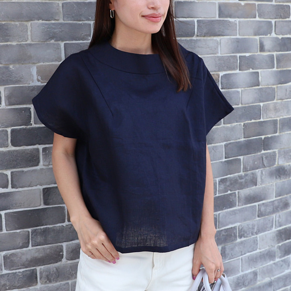亞麻上衣優雅♪瓶頸上衣<Julia>海軍藍M尺寸 第5張的照片