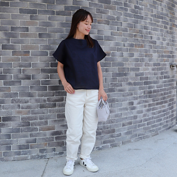 亞麻上衣優雅♪瓶頸上衣<Julia>海軍藍M尺寸 第7張的照片