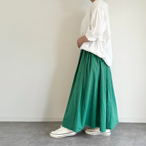 【海外限定】 夏にさらりと快適♪ cottonリネンのギャザースカート グリーン スカート