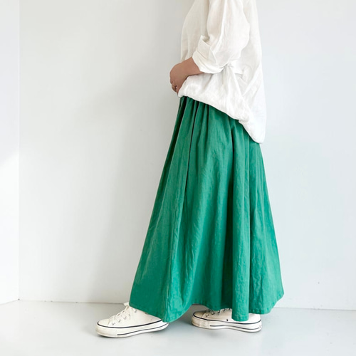 夏にさらりと快適♪ cottonリネンのギャザースカート グリーン ロング