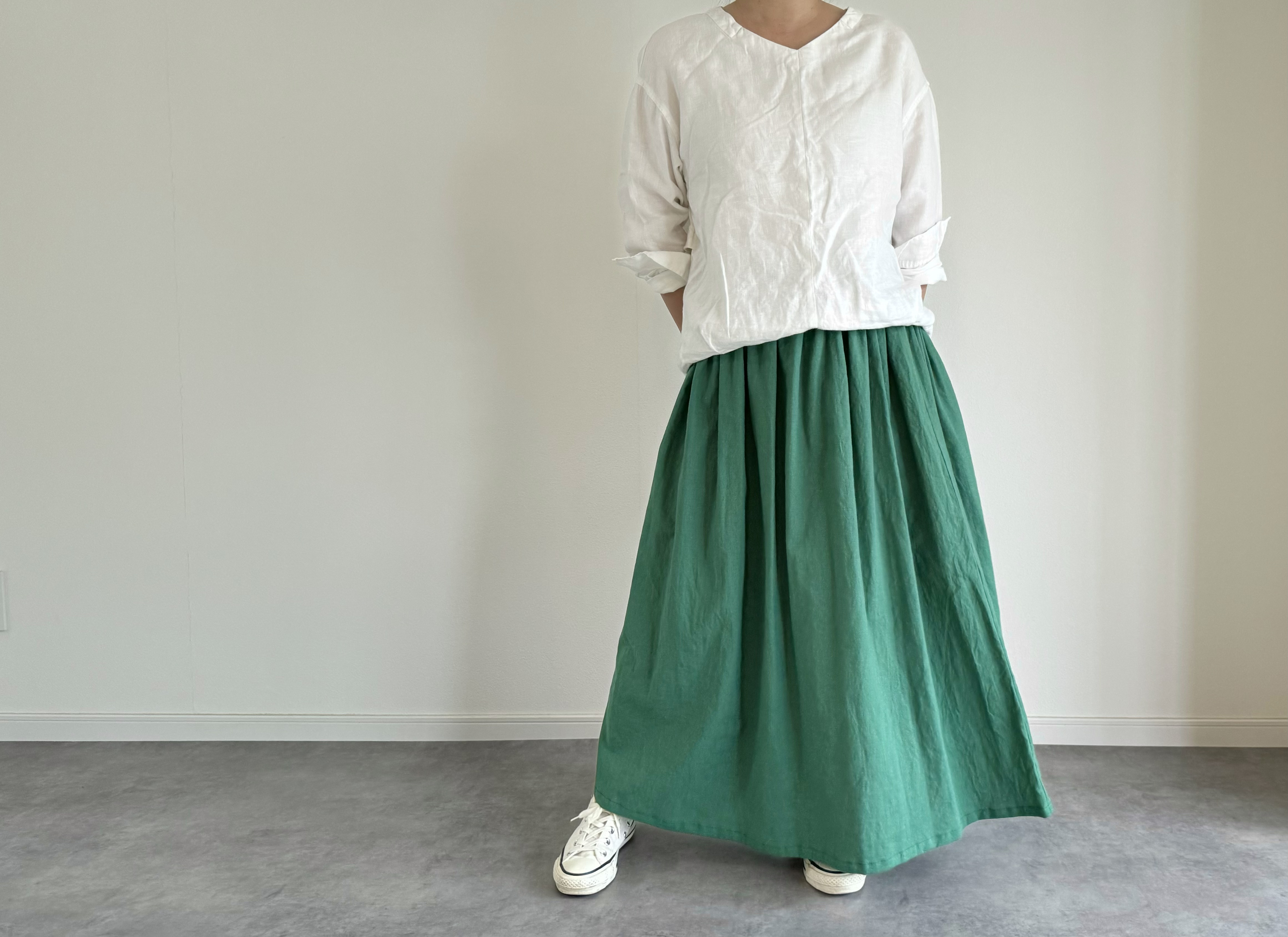 ハンドメイドギャザースカート　リネン混