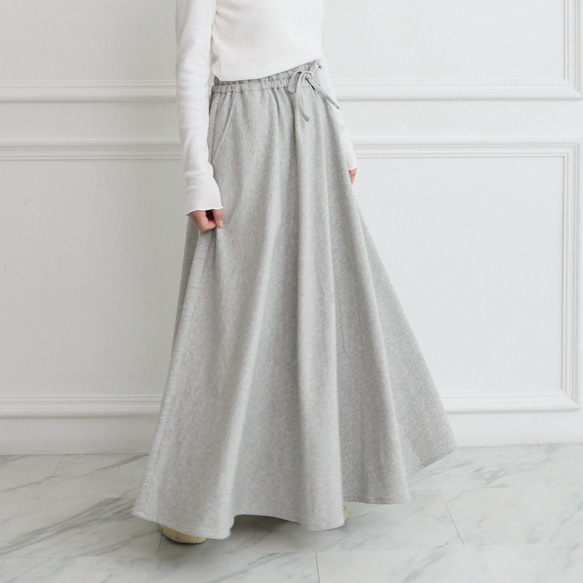 やわらか裏毛パイル素材 コットン スウェット フレアマキシスカート　グレー　0086Grey 1枚目の画像