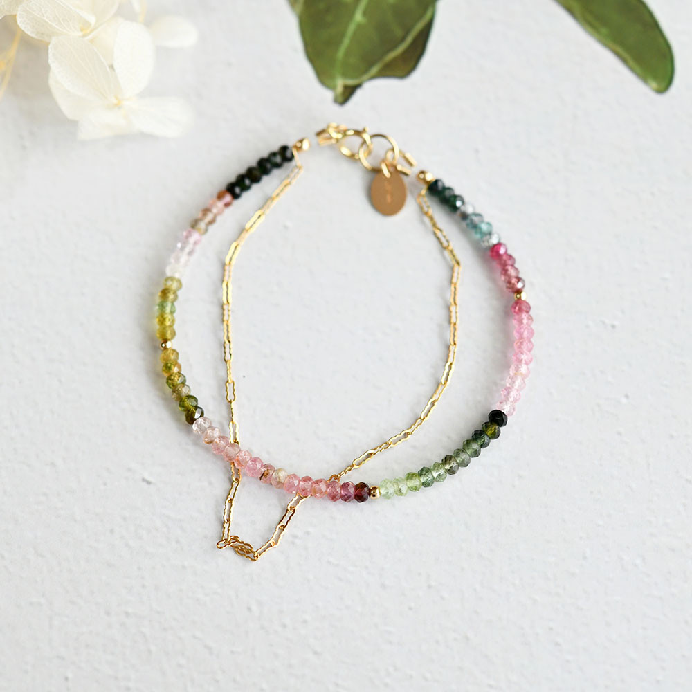 極上ランク カラフル トルマリン＆波チェーンの2連ブレスレット 10月誕生石