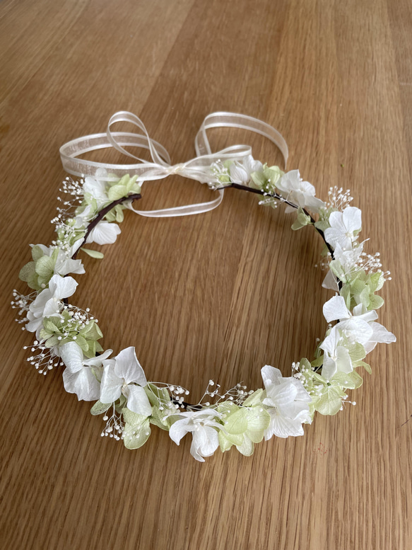 子供用花かんむり プリザーブドフラワー ホワイト&グリーン 6枚目の画像