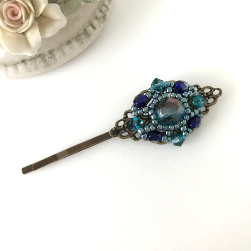 アンティーク調 ヘアピン ブルー 青 四角 スクエア 菱形