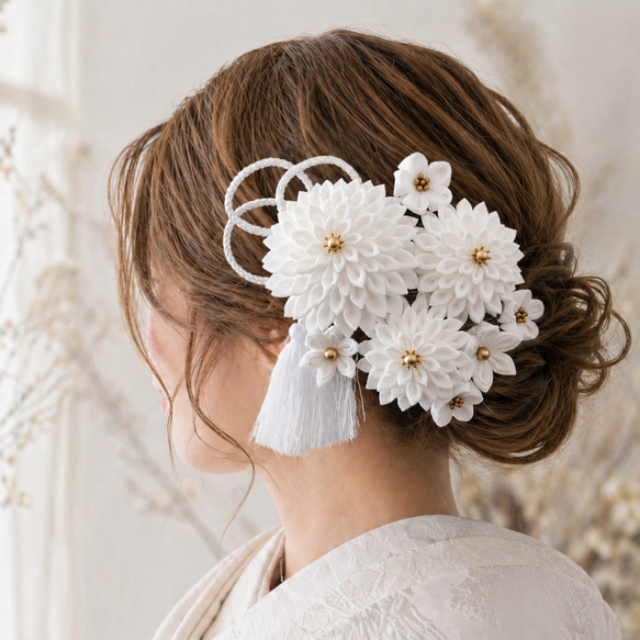 新品　未使用　髪飾り　ヘアアクセ　No.134 白無垢に【awayuki】つまみ細工の髪飾りセット＊和装のかんざしとして