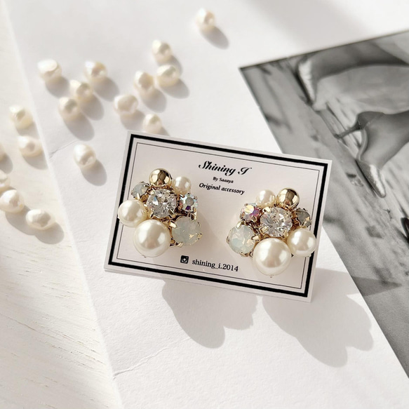 【金属アレルギー対応】ReNEW Mix stone *White / Pierce, Earrings 4枚目の画像