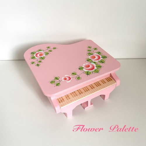 英国農村風景＆花木～本格トールペイント　希少/一点もの　収納ＢＯＸ　美品 Creema限定 木製 グランドピアノボックス（ピンク） 再販 現品限り