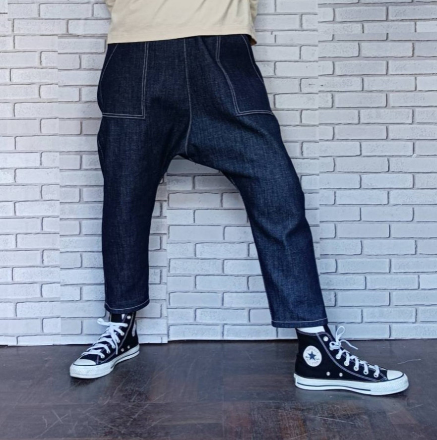ワンウォッシュ ストレッチデニムサルエルパンツ ／ダークネイビー ／岡山 デニム ／選べる サイズ／選べるポケット
