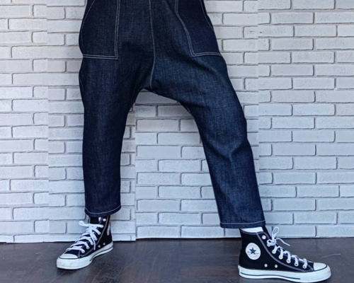 ワンウォッシュ ストレッチデニムサルエルパンツ ／ダークネイビー