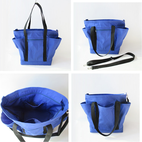 マザーズバック青 受注生産・大きなマザーズバッグ 軽量 立体ポケット トートバッグ