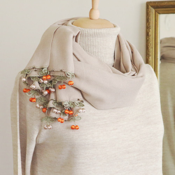 [Made to order] OYA Pashmina shawl [CHERRY] Sand Beige 第1張的照片