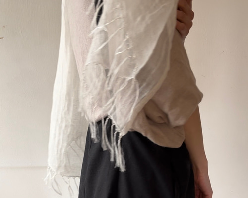 ひな★ベルギーリネン　フリンジ　ストール　ショール　ホワイト　白 ベルギーリネン ストール 白 ストール NAPI Clothing 通販