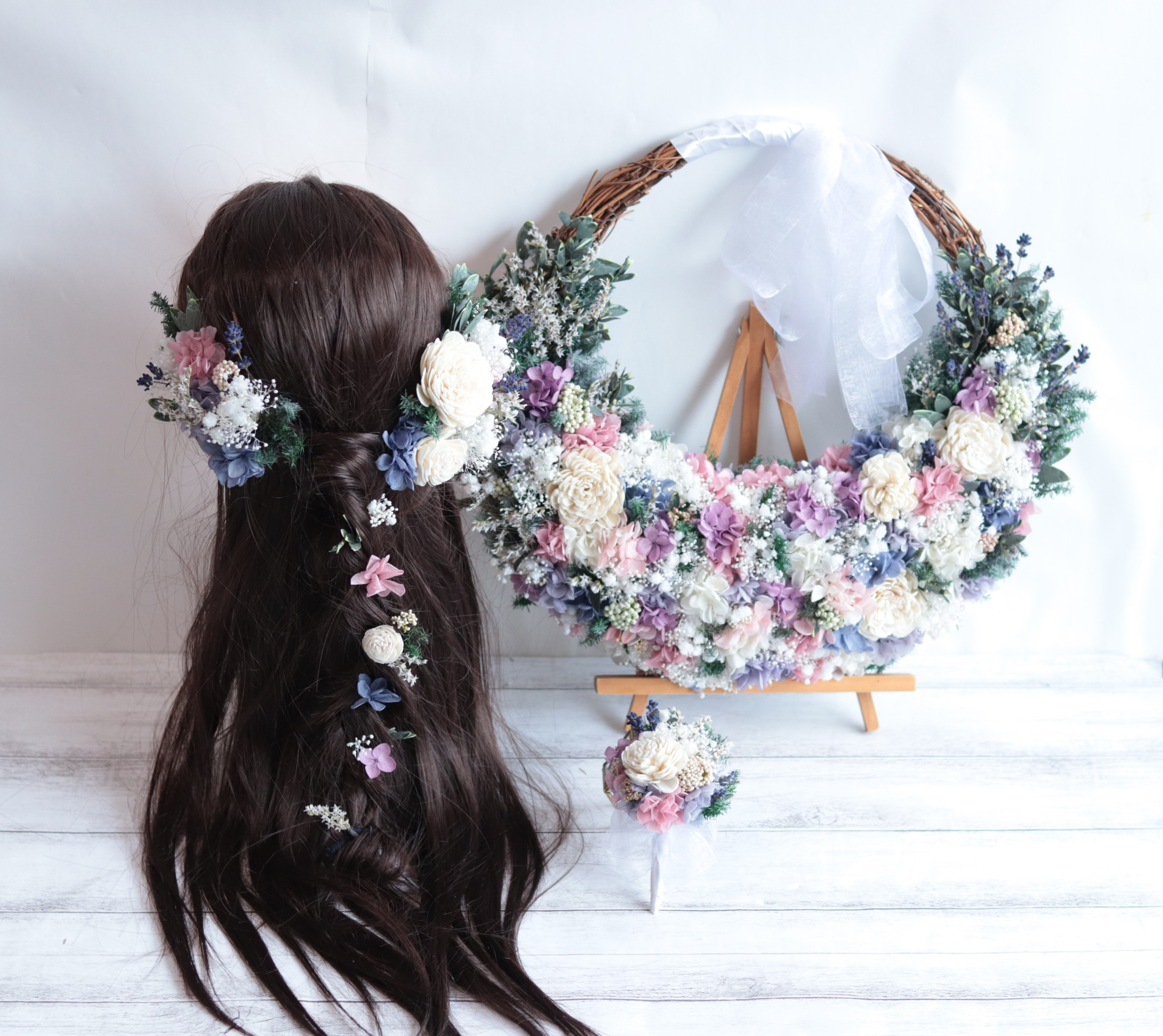 選べるカラー！ナチュラルリースブーケ(ハーフ)&ブートニア&ヘッドドレス＊プリザーブドフラワー