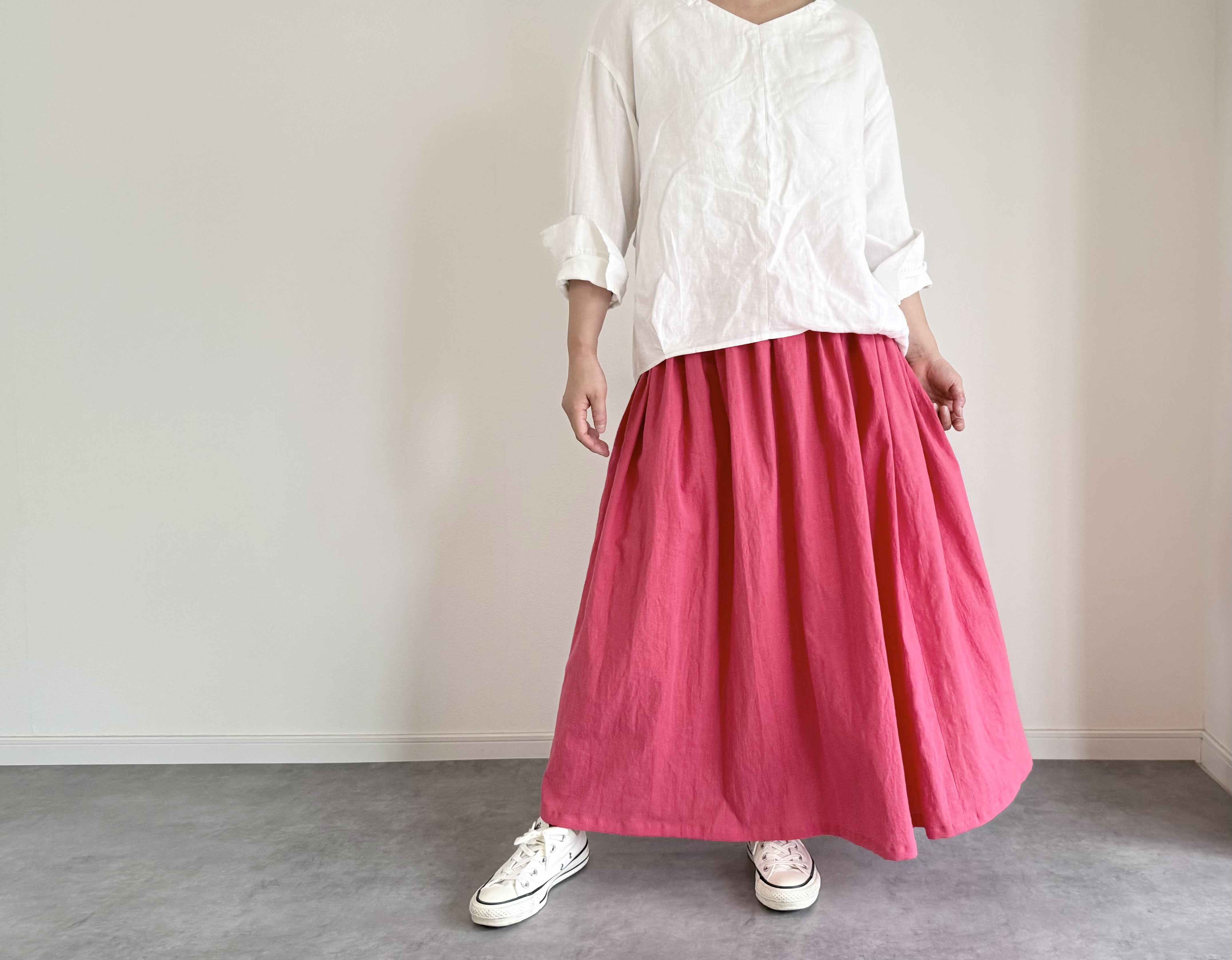 夏にさらりと快適♪ cottonリネンのギャザースカート コーラルピンク