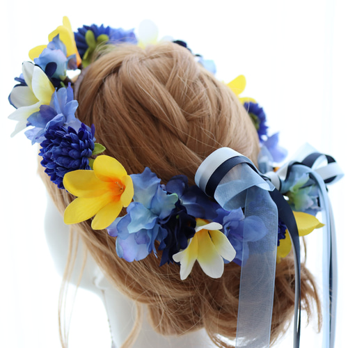 花冠 花かんむり プルメリア 青 ブルー サムシングブルー 結婚式