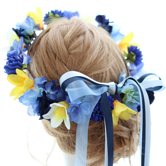 花冠　花かんむり　プルメリア　青　ブルー　サムシングブルー　結婚式　ブライダル　ウェディング　髪飾り　ヘッドドレス 11枚目の画像