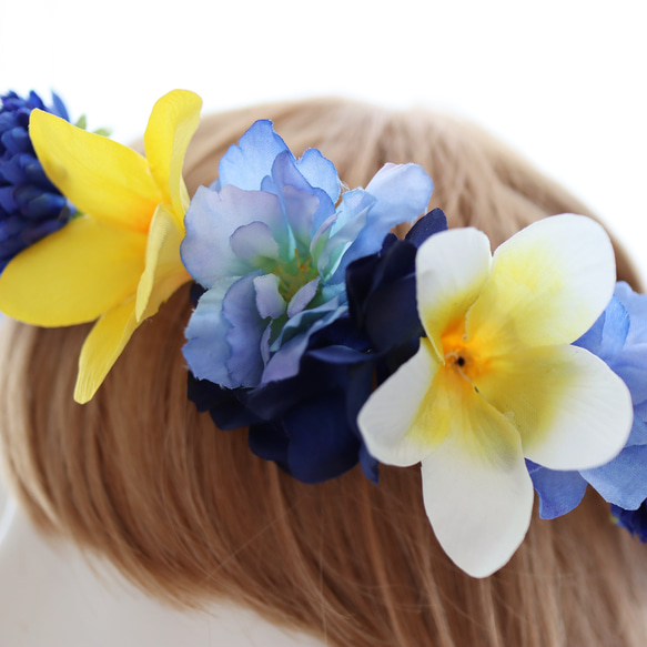 花冠　花かんむり　プルメリア　青　ブルー　サムシングブルー　結婚式　ブライダル　ウェディング　髪飾り　ヘッドドレス 2枚目の画像