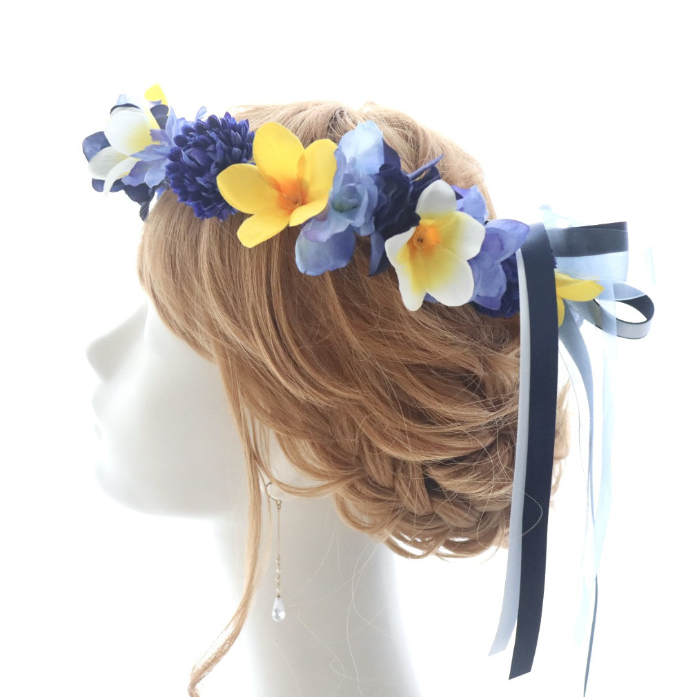 花冠　花かんむり　プルメリア　青　ブルー　サムシングブルー　結婚式　ブライダル　ウェディング　髪飾り　ヘッドドレス
