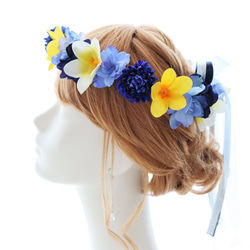 花冠　花かんむり　プルメリア　青　ブルー　サムシングブルー　結婚式　ブライダル　ウェディング　髪飾り　ヘッドドレス 1枚目の画像