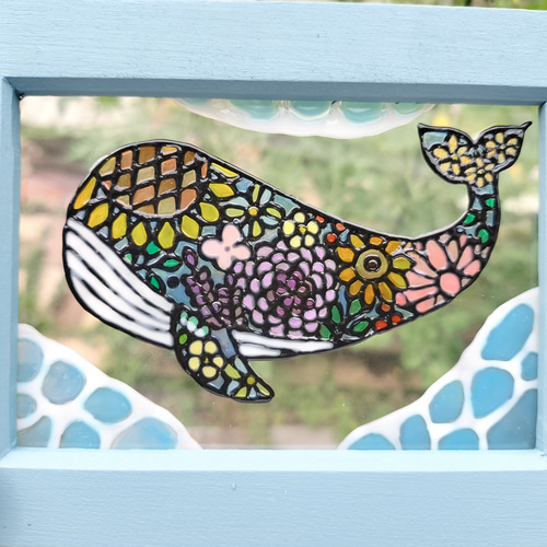 送料無料*ステンドグラス風フレーム*くじら・夏・海・花模様・イラスト