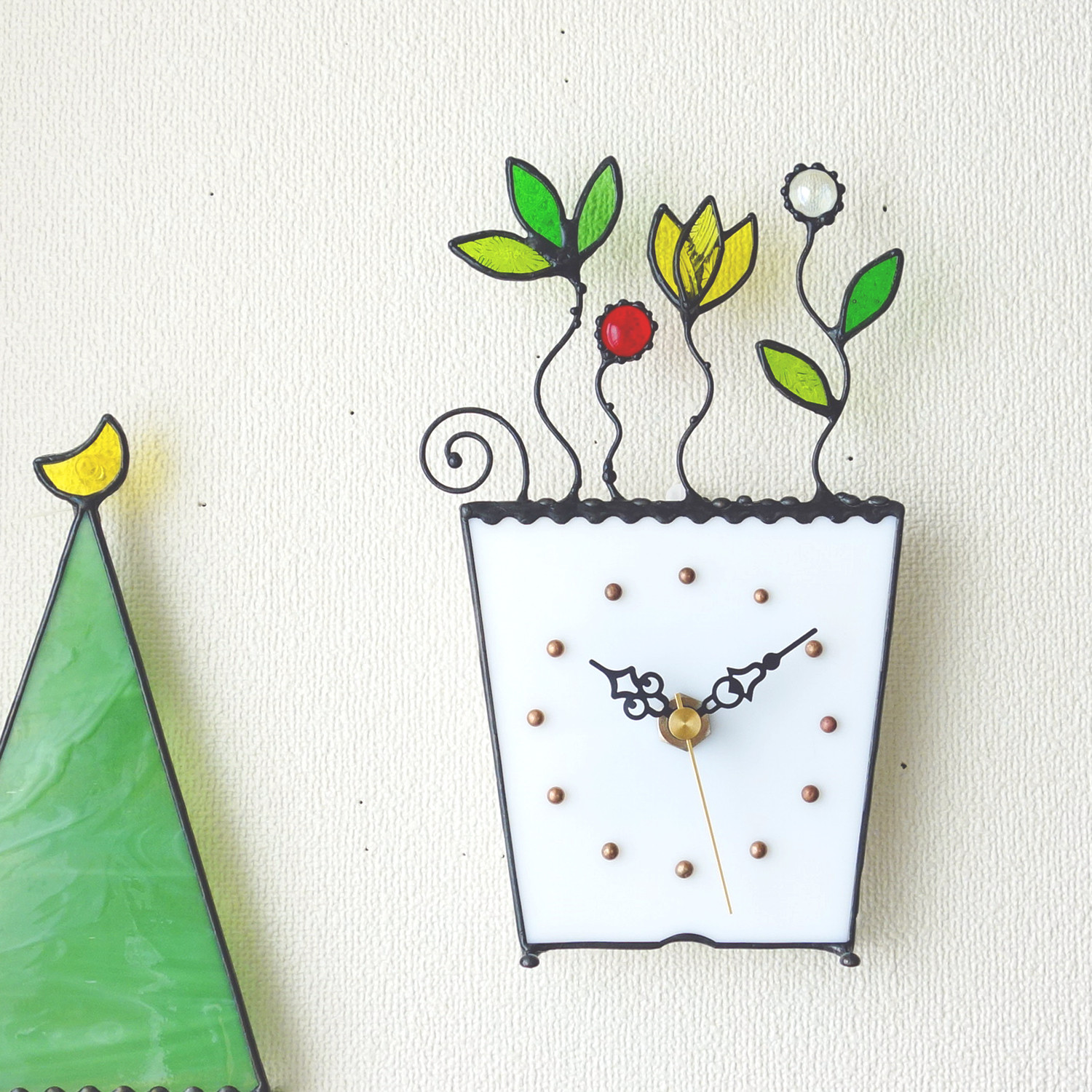 [ガーデン・踊る花達]ステンドグラスの掛け時計/置き時計【受注制作】