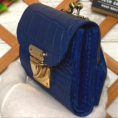 ❤【高級感×可愛い♪】大人オシャレながま口付き総本革ミニ財布♪ネイビークロコ柄 ❤【高級感×可愛い♪】大人オシャレながま口付き総本革ミニ財布