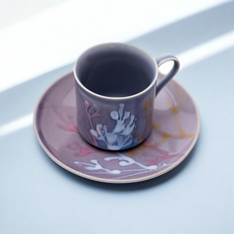 縁起のアートカップ 珊瑚カップ＆ソーサー 紫色 プレゼント 結婚祝  珊瑚祝 ラベンダー 1客【ギフトボックス付き】