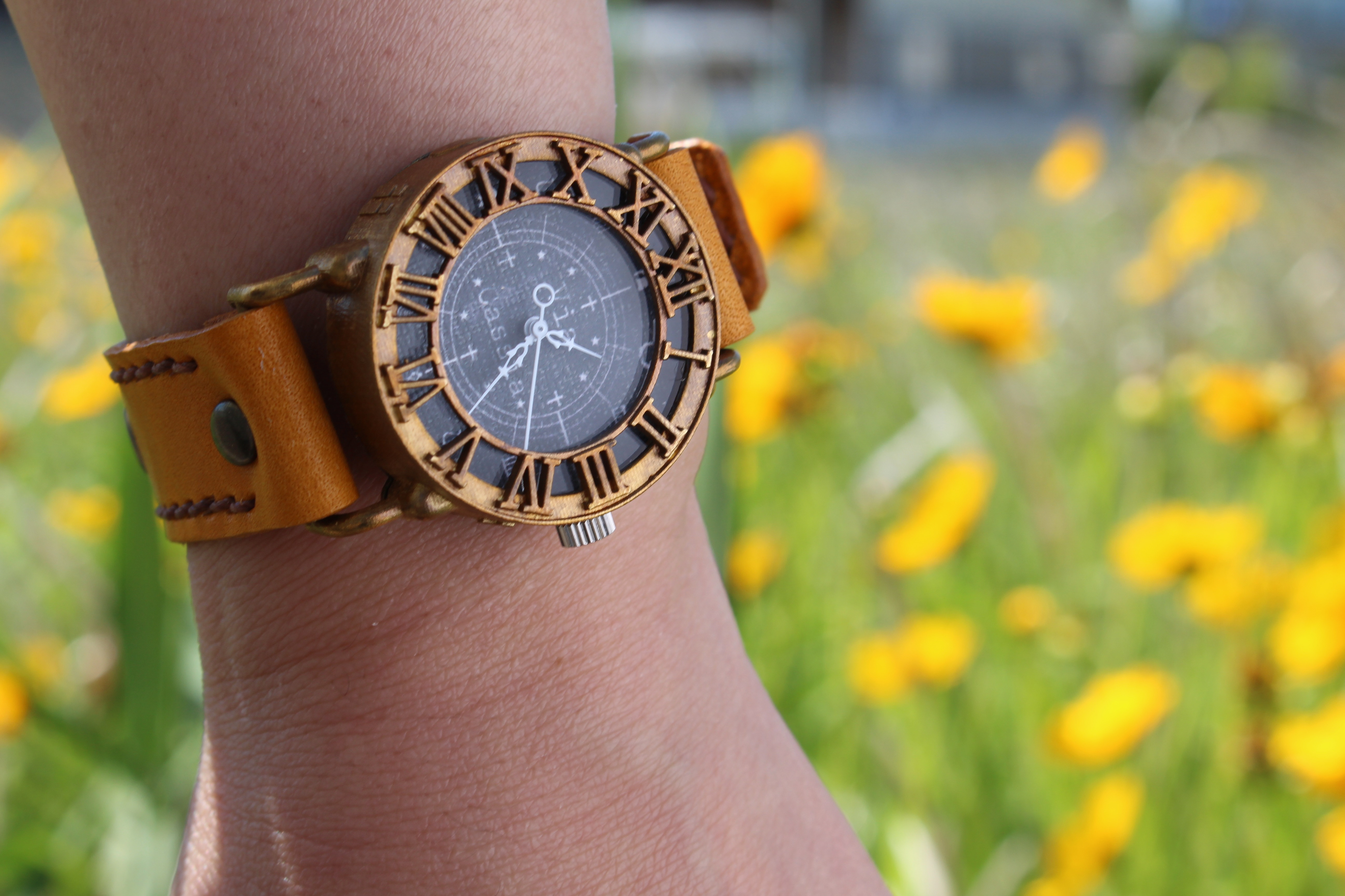 手作り腕時計　Via Cassia（M） (アンティークケース Black文字盤 & Brown)