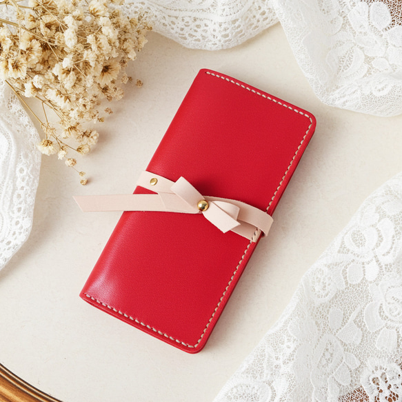 iPhone全機種】リボン付き手帳型ケース＜赤xナチュラル＞iPhone17