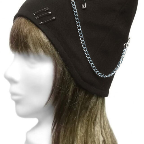 パンク[チェーン＆ピン付] 猫耳帽子◇コットンニット／ブラック ◇長い