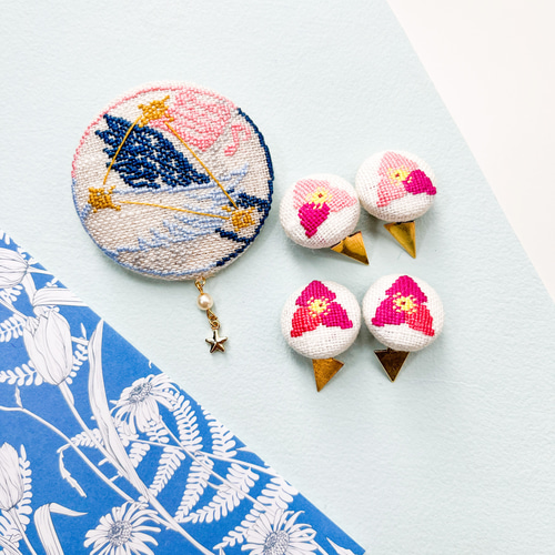 夏の大三角(はくちょう座・わし座・こと座) 星座刺繍くるみボタン