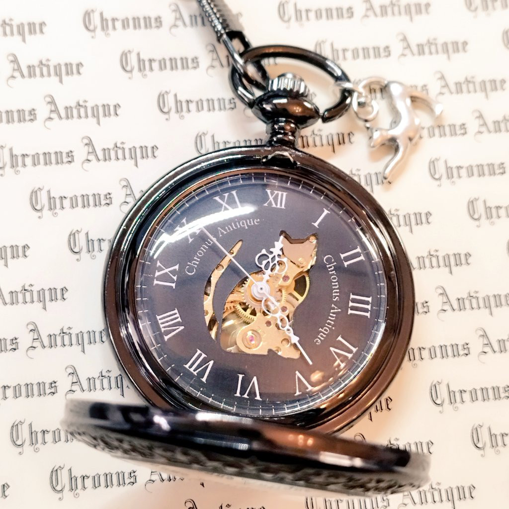 再販×64】No.135手巻き式懐中時計（クローム・猫・立体のび猫） 腕時計