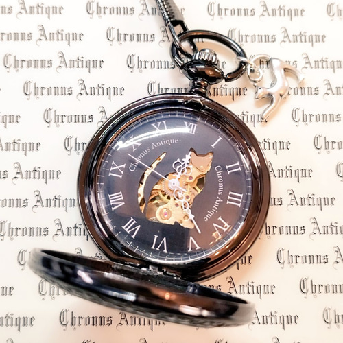 再販×64】No.135手巻き式懐中時計（クローム・猫・立体のび猫） 腕時計