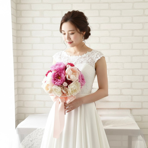 フューシャピンク 芍薬ブーケ ピオニーブーケ ウェディングブーケ 造花