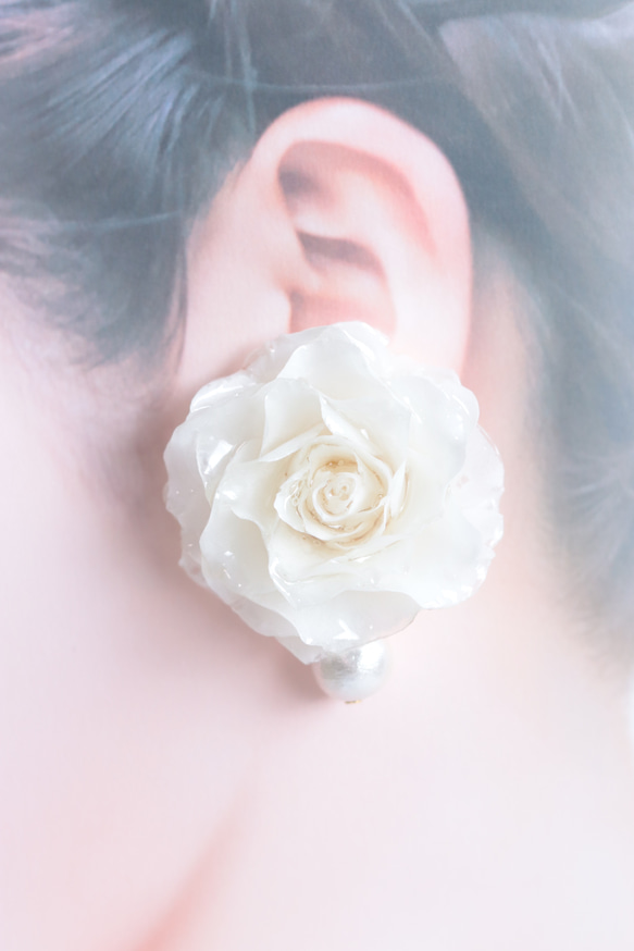 【カラーオーダー制】“朝露のバラ“ゆらゆらコットンパールイヤリング＊プリザーブドフラワー 8枚目の画像