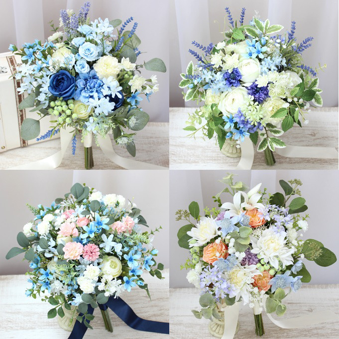 オーダーメイドブーケ22,000円～/サムシングブルー×白×ピンク×オレンジ×ライトパープル×グリーンのクラッチブーケ