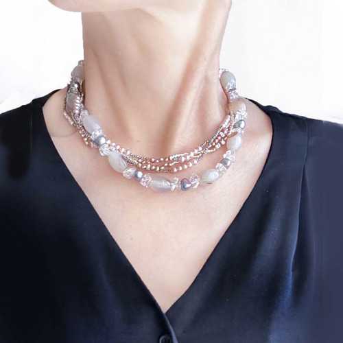 白 天然石 ビーズ ネックレス 淡水パール 5連 ボリューム ネックレス