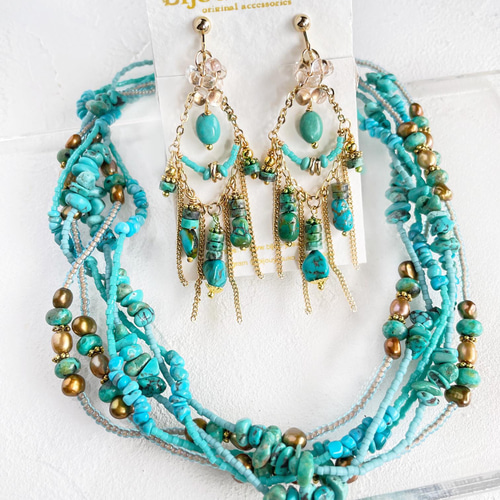 天然 ターコイズ チョーカー ネックレス 6連 ブルー ターコイズ ビーズ