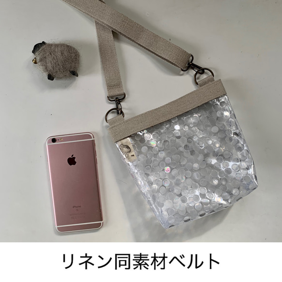 リニューアル。リネンバンドのスマホショルダー。撥水pvcのミニバッグ。重なりドット。warabi-no 15枚目の画像