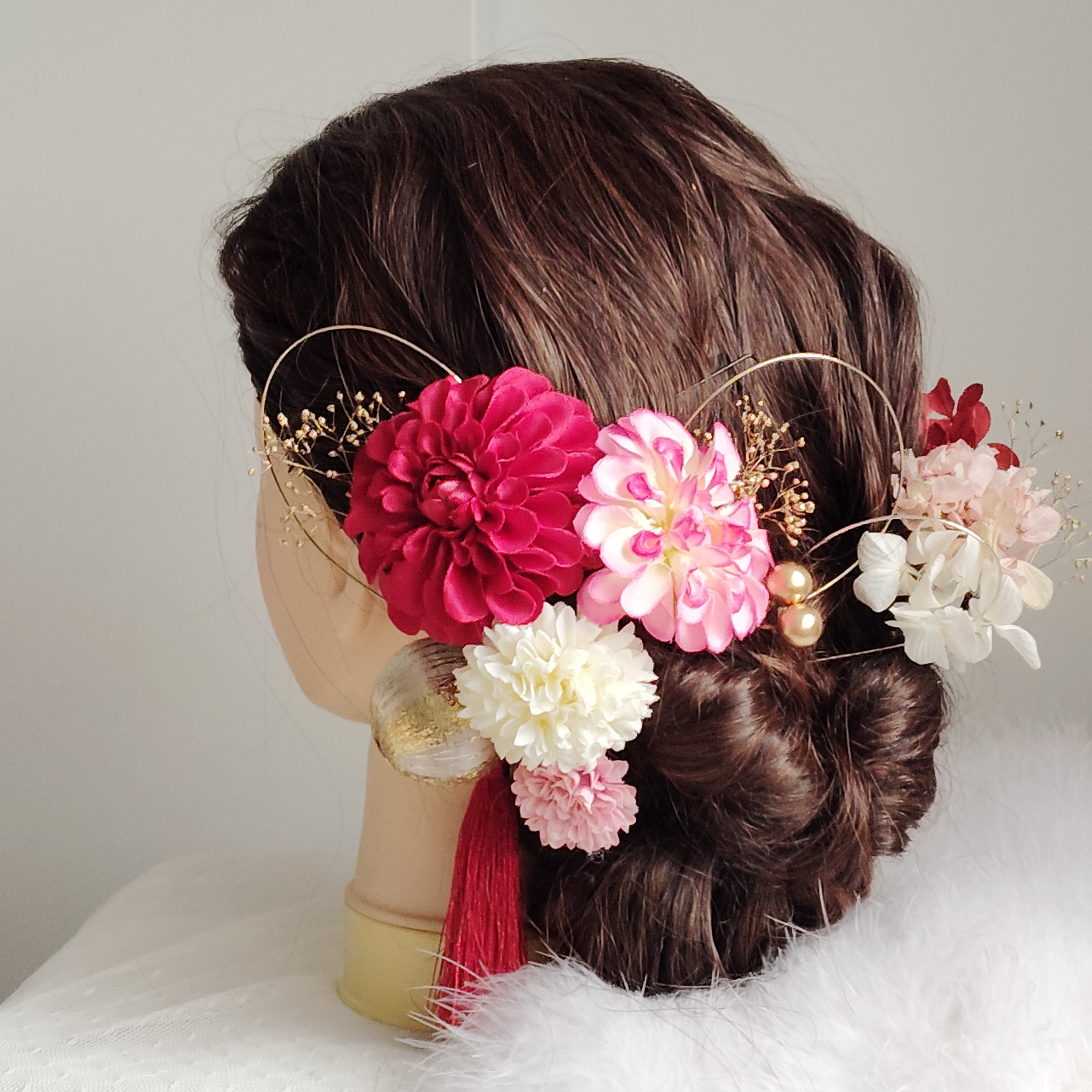 円花＿＿丸菊と和玉の髪飾り　卒業式　成人式 　結婚式　髪飾り 　白無垢　色打掛　振袖　着物　袴　和装　赤ピンク　菊の花