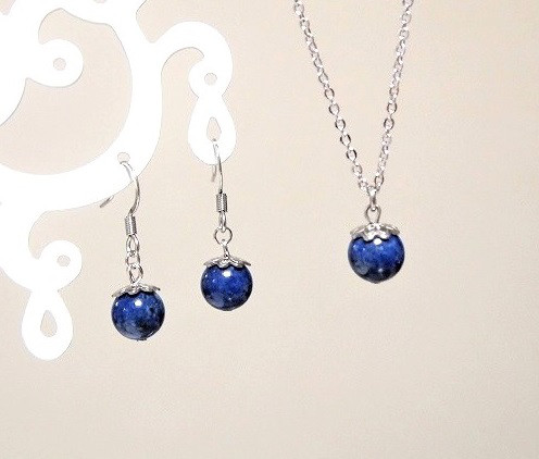 すべてステンレス 8mm丸玉 誕生石* 高品質ラピスラズリの一粒ネックレス・ピアスセット イヤリング