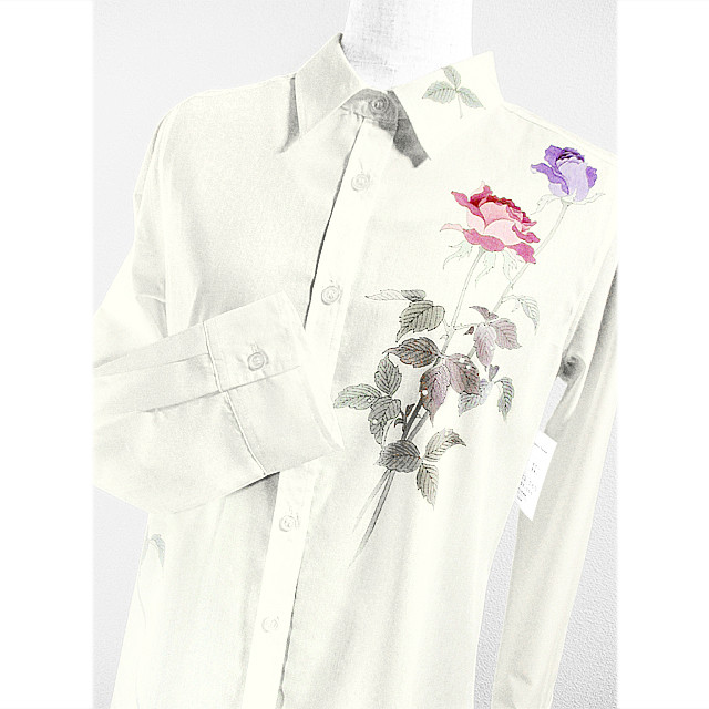 長袖シャツブラウス（薔薇）（ポリエステル混）（生成の白色）
